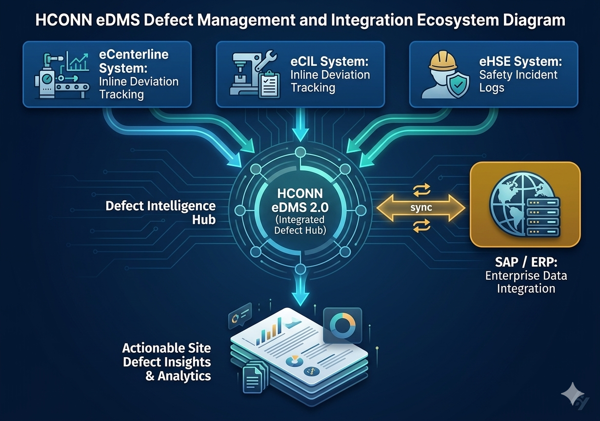 HCONN eDMS Defect Management and Integration Ecosystem Diagram